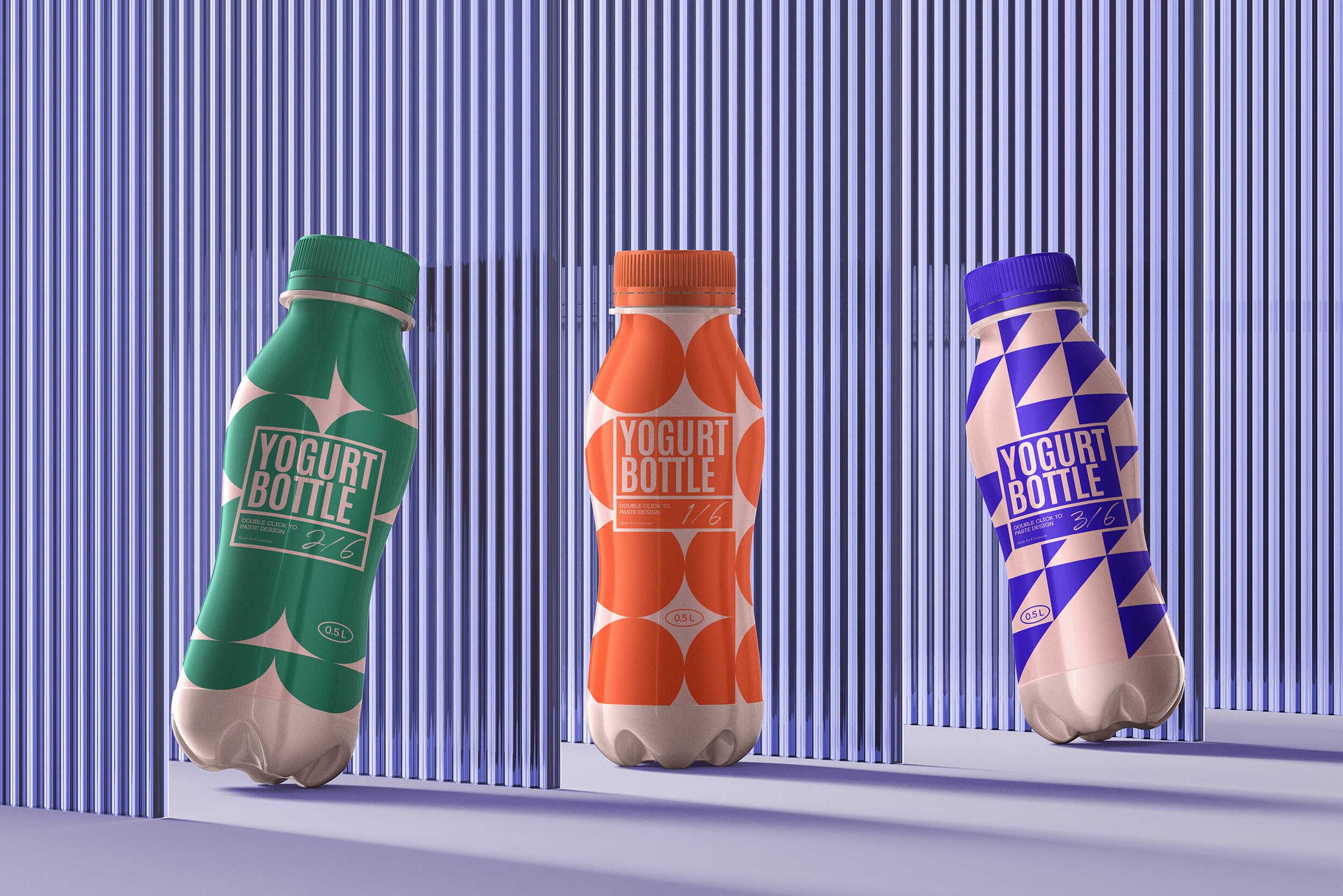 Yogurt bottles in three colors styled against striped backdrop