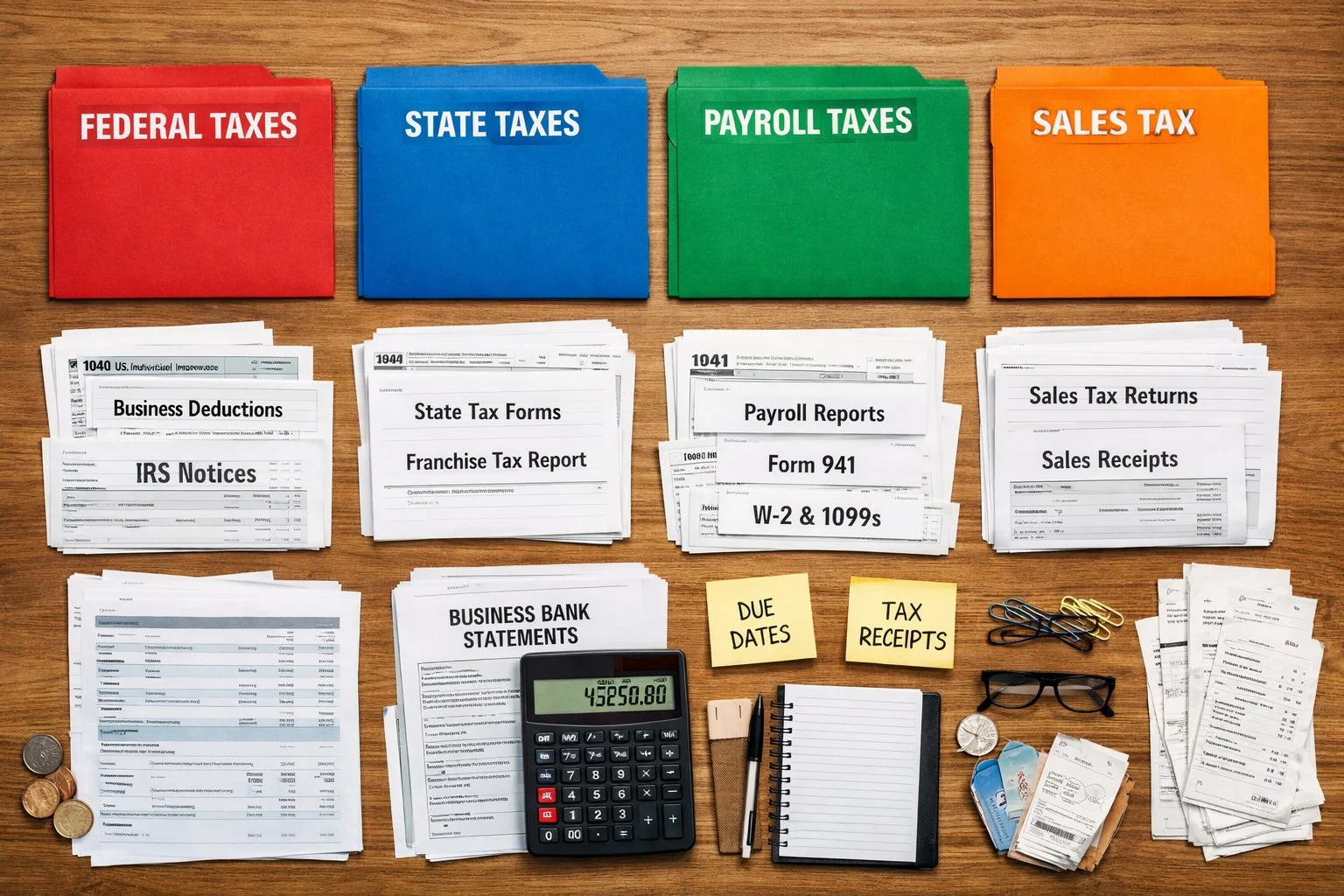 Top-down view of a workspace with tax documents organized by category, a calculator, business bank statements, and color-coded folders for federal, state, payroll, and sales taxes.