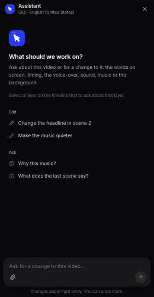Clevera's clip editor Assistant panel, where you ask for changes to a social clip in plain language
