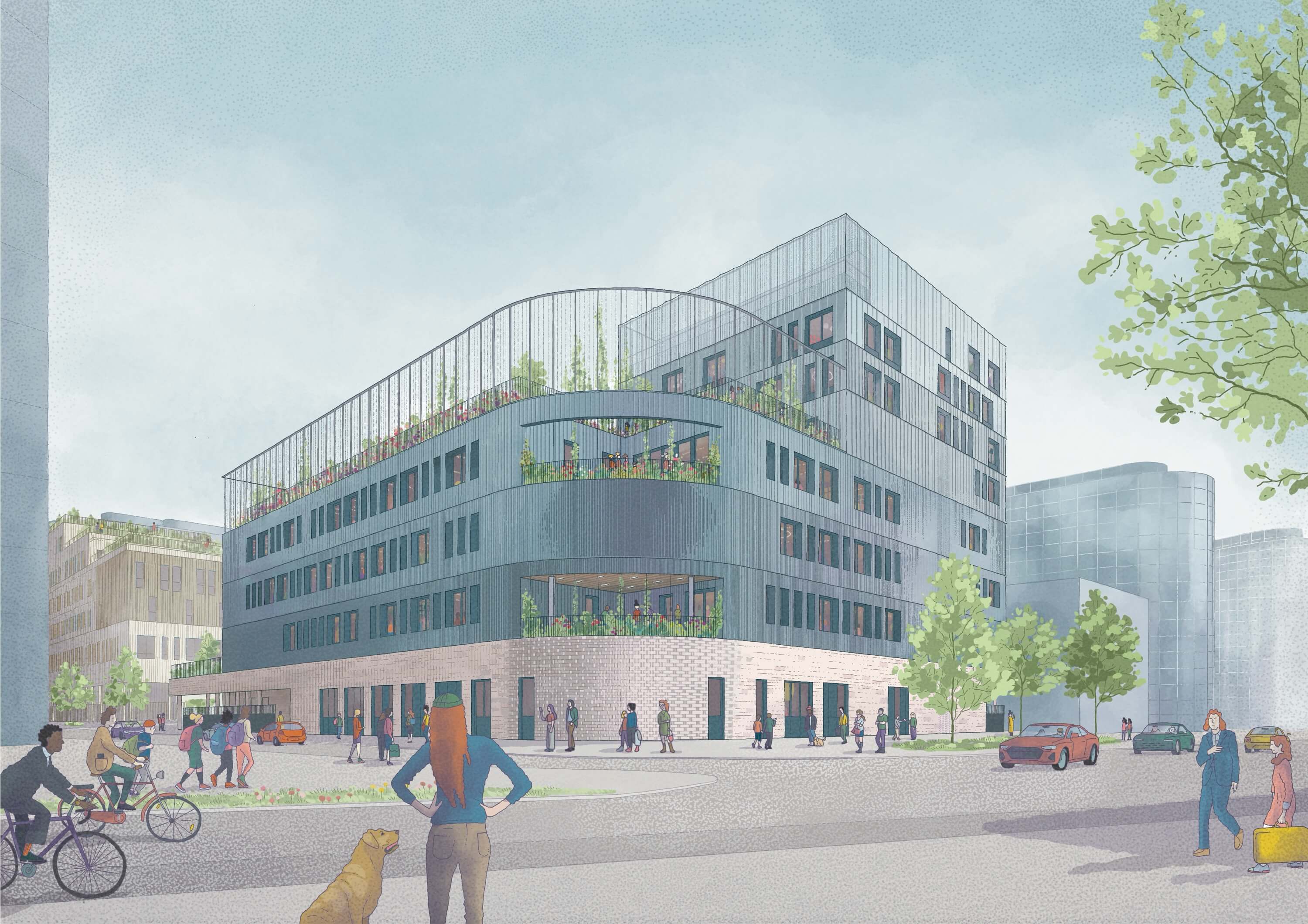 A modern multi-story building with glass facades, surrounded by trees and pedestrians in a city setting.