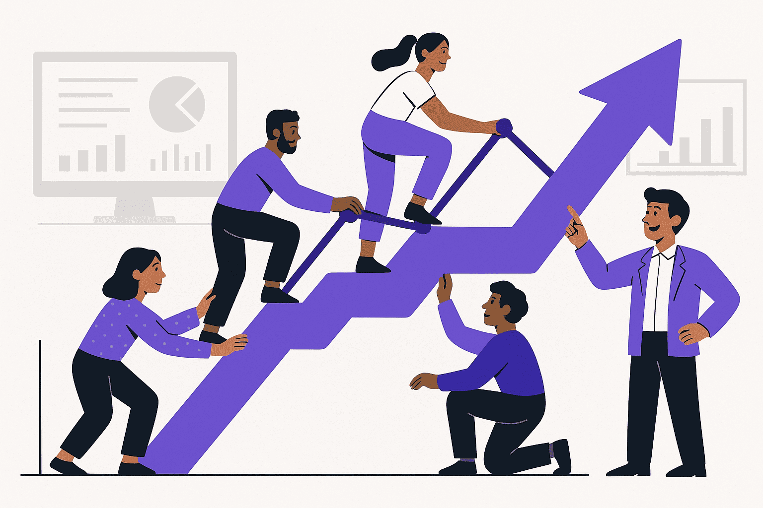 A flat-style digital illustration of a diverse team and their manager scaling an upward performance graph, symbolizing teamwork, scheduling efficiency, and growth in workforce performance.