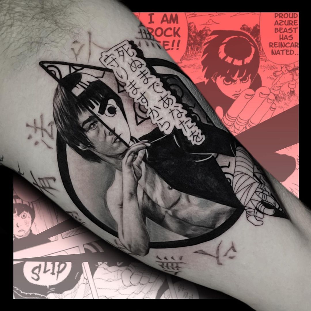 black and white rock lee x bruce lee tattoo