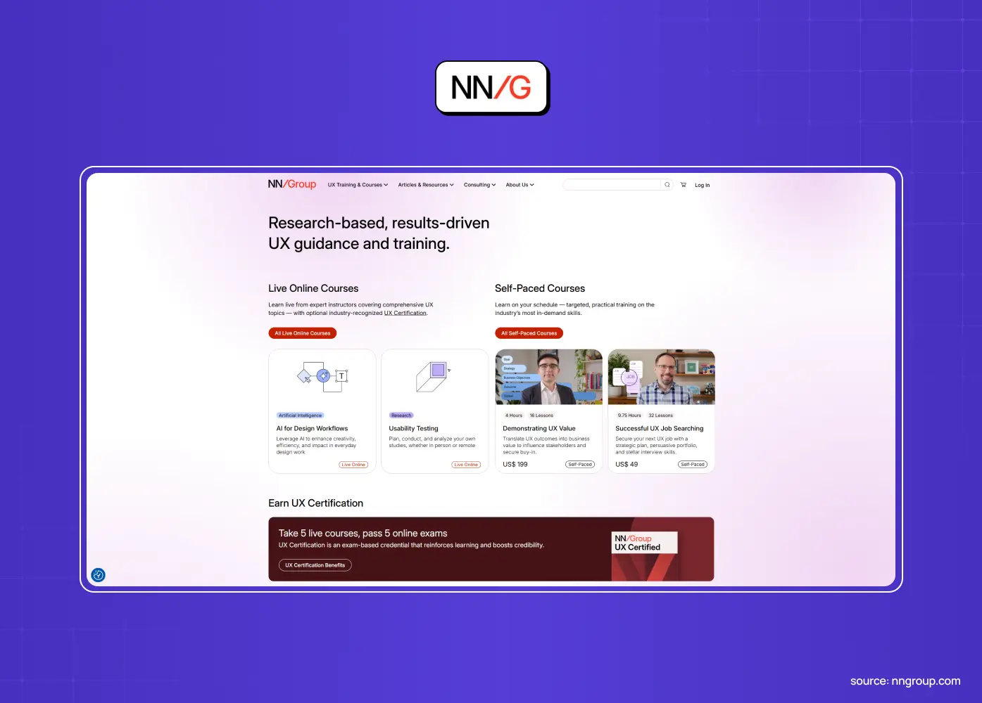 NN/g website featuring research-based, results-driven UX guidance and training, with course cards and certification information.