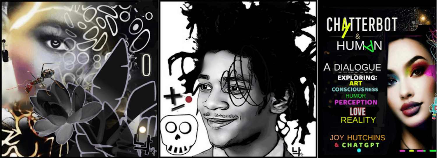 DigitalPop collage featuring an eye, ant, flower, abstract patterns, and an illustrated portrait.