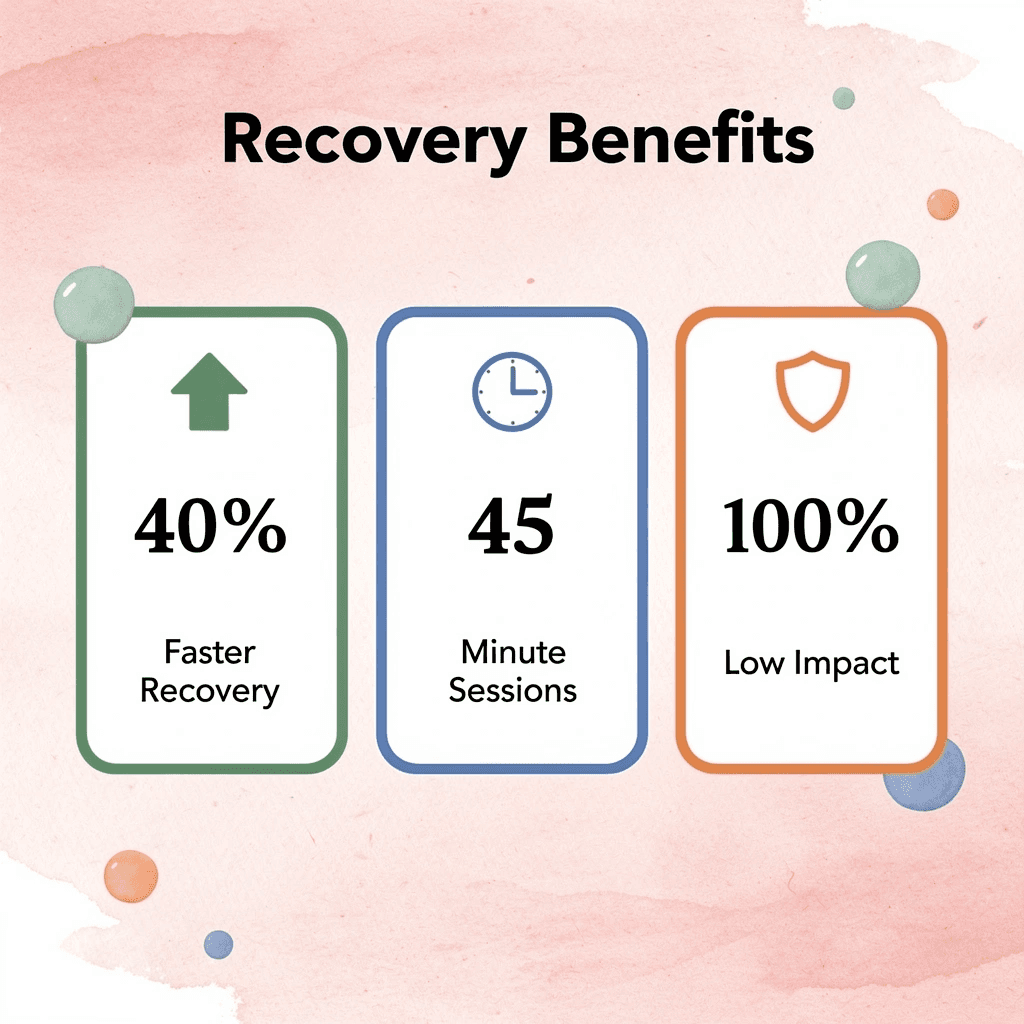 Statistics showing 40% faster recovery, 45-minute sessions, and 100% low-impact workouts