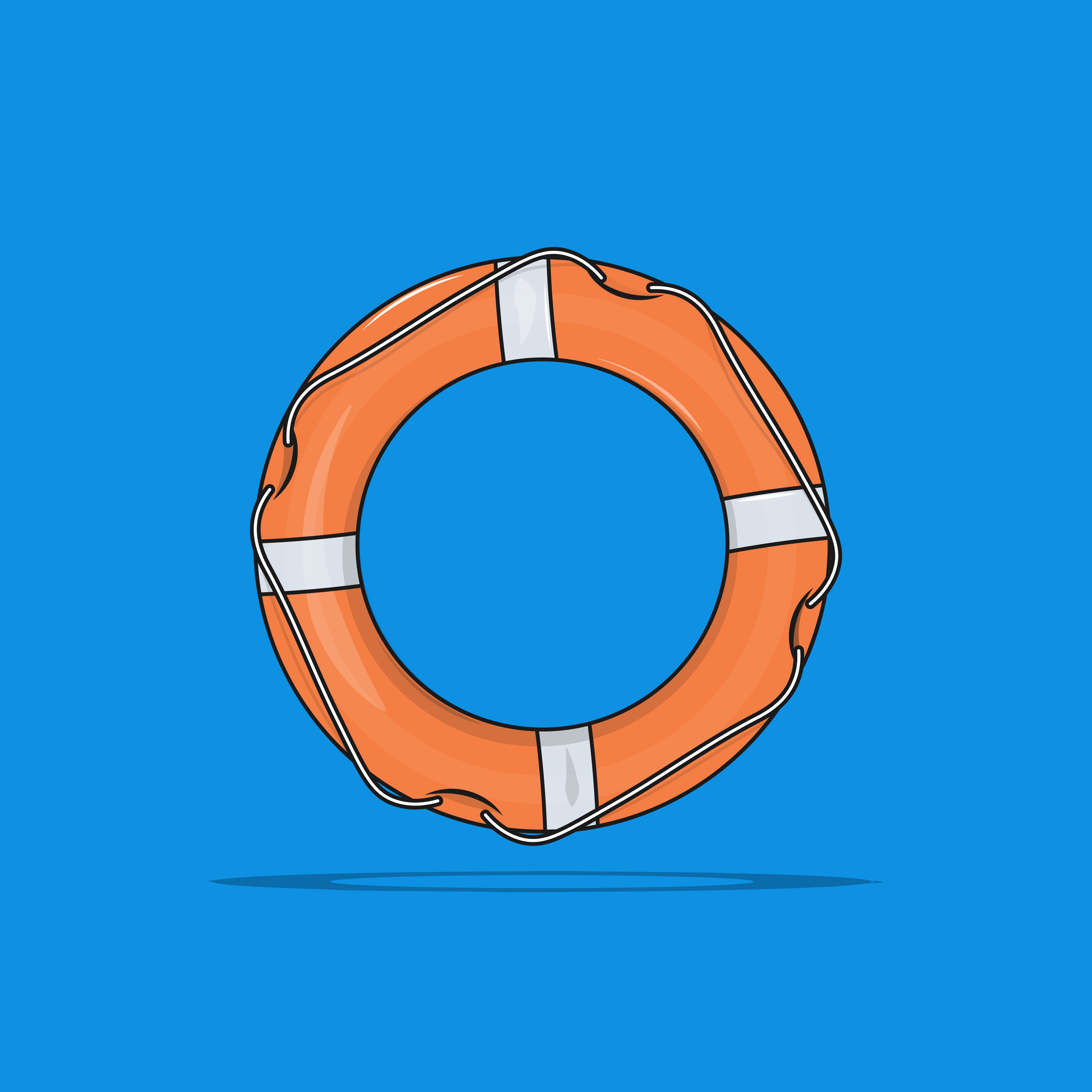 Vector artwork of an orange and white life preserver ring on a blue background.