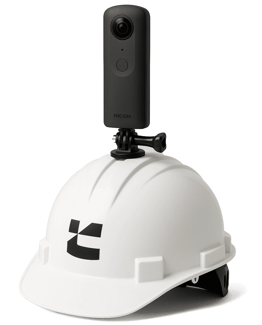 Um capacete de segurança branco com o logotipo preto da Construct IN na parte frontal. No topo do capacete, uma câmera Ricoh preta, modelo 360°, está montada e pronta para uso.