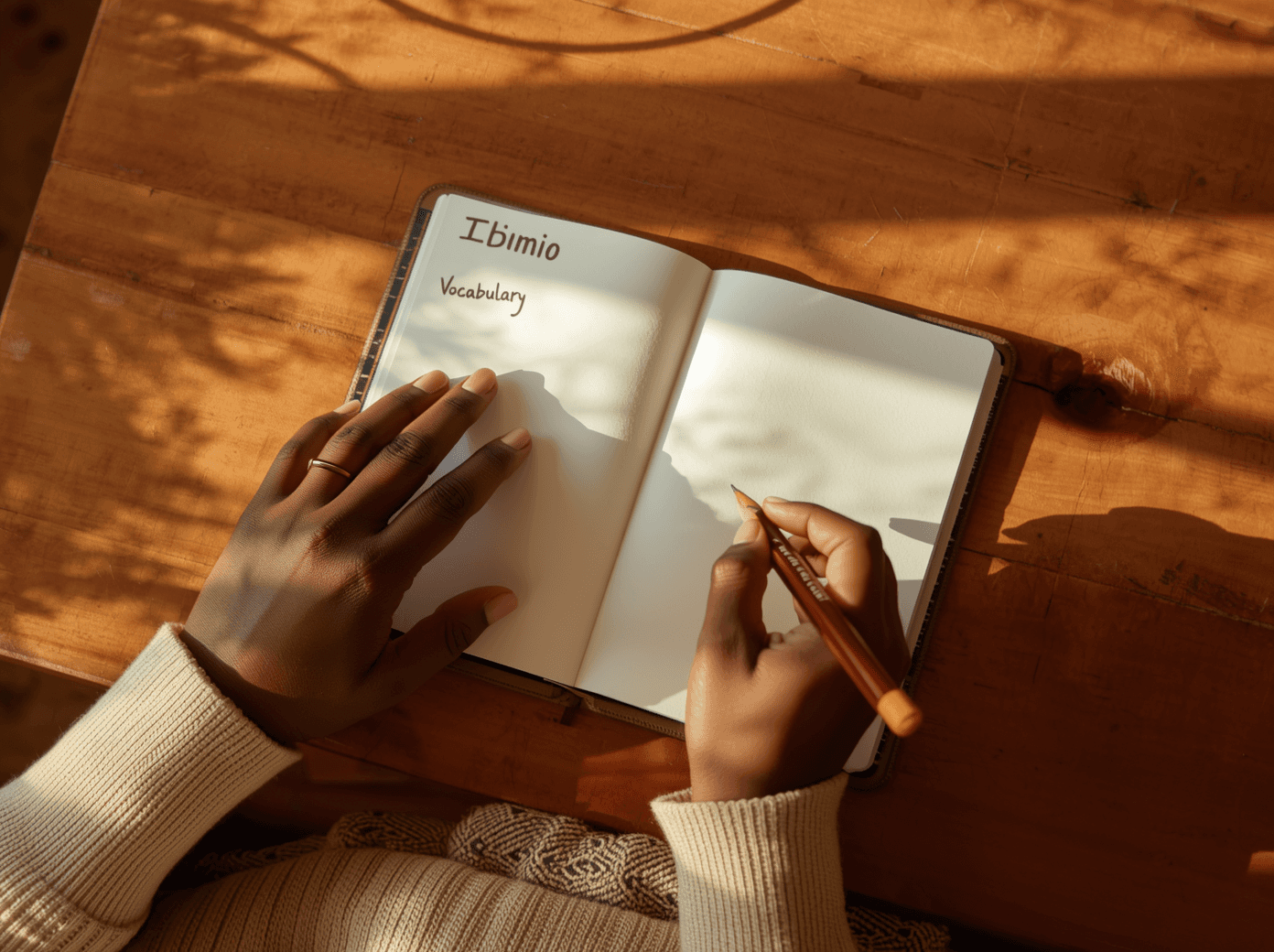 A family smiles & shares a meal at a rustic table outdoors amid a vineyard with a building in the background.