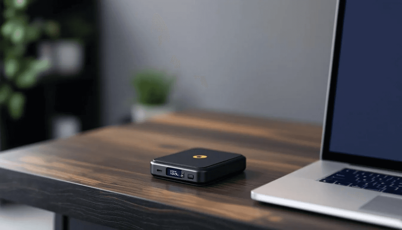 A hardware wallet device is displayed on a desk beside a laptop computer, highlighting a secure option for managing crypto assets and private keys. This cold wallet offers protection against online threats, ensuring that users can safely store their bitcoin and other cryptocurrencies offline.