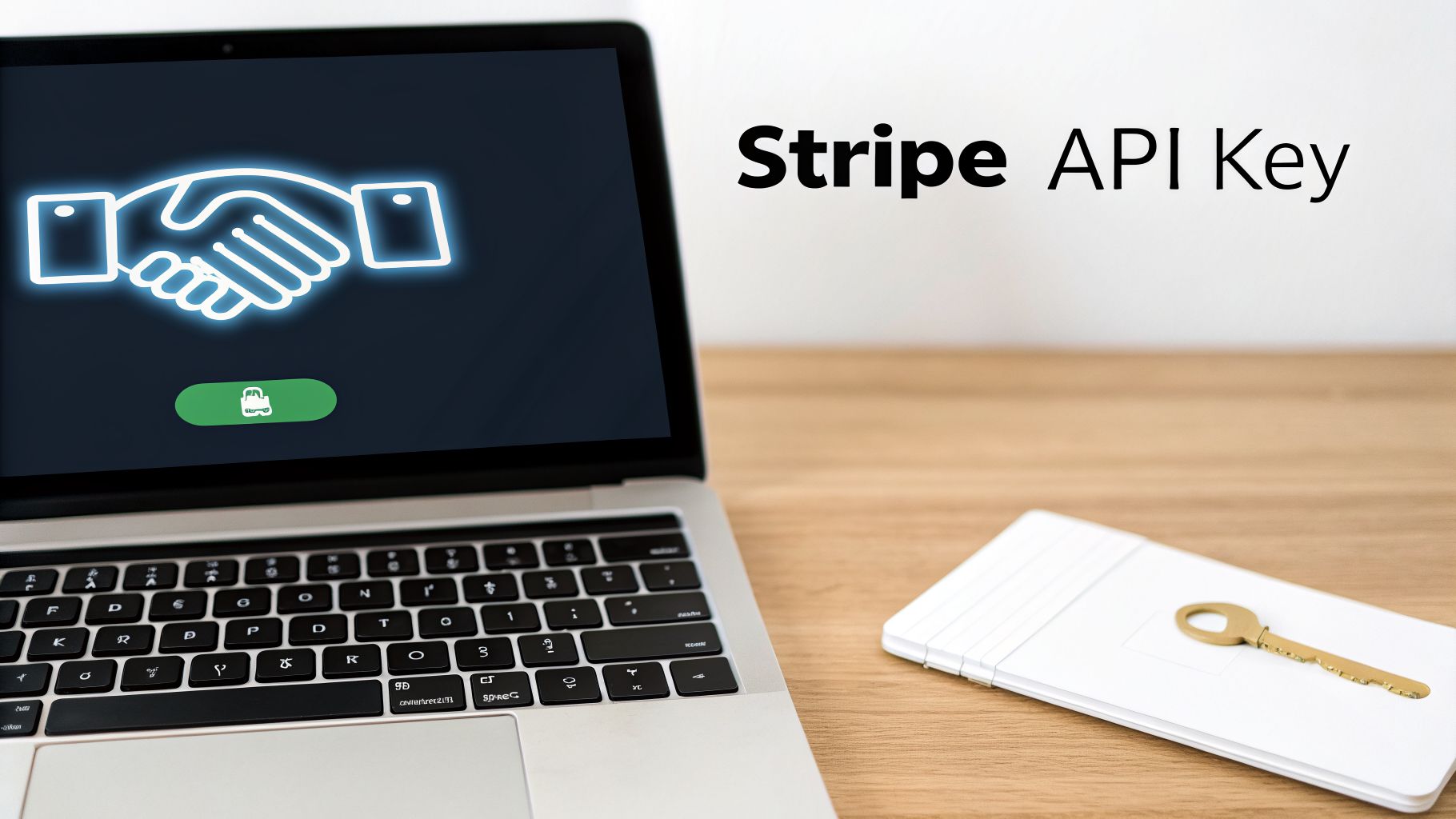 A laptop displaying a handshake icon, next to a physical key and the text 