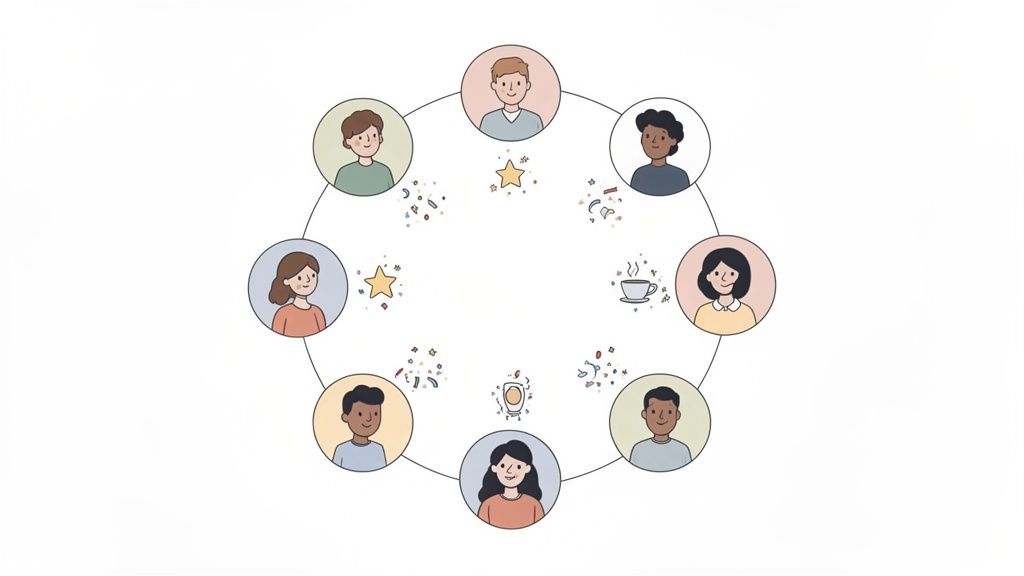 Diverse people in a circle representing teamwork, ideas, and celebration within a company.