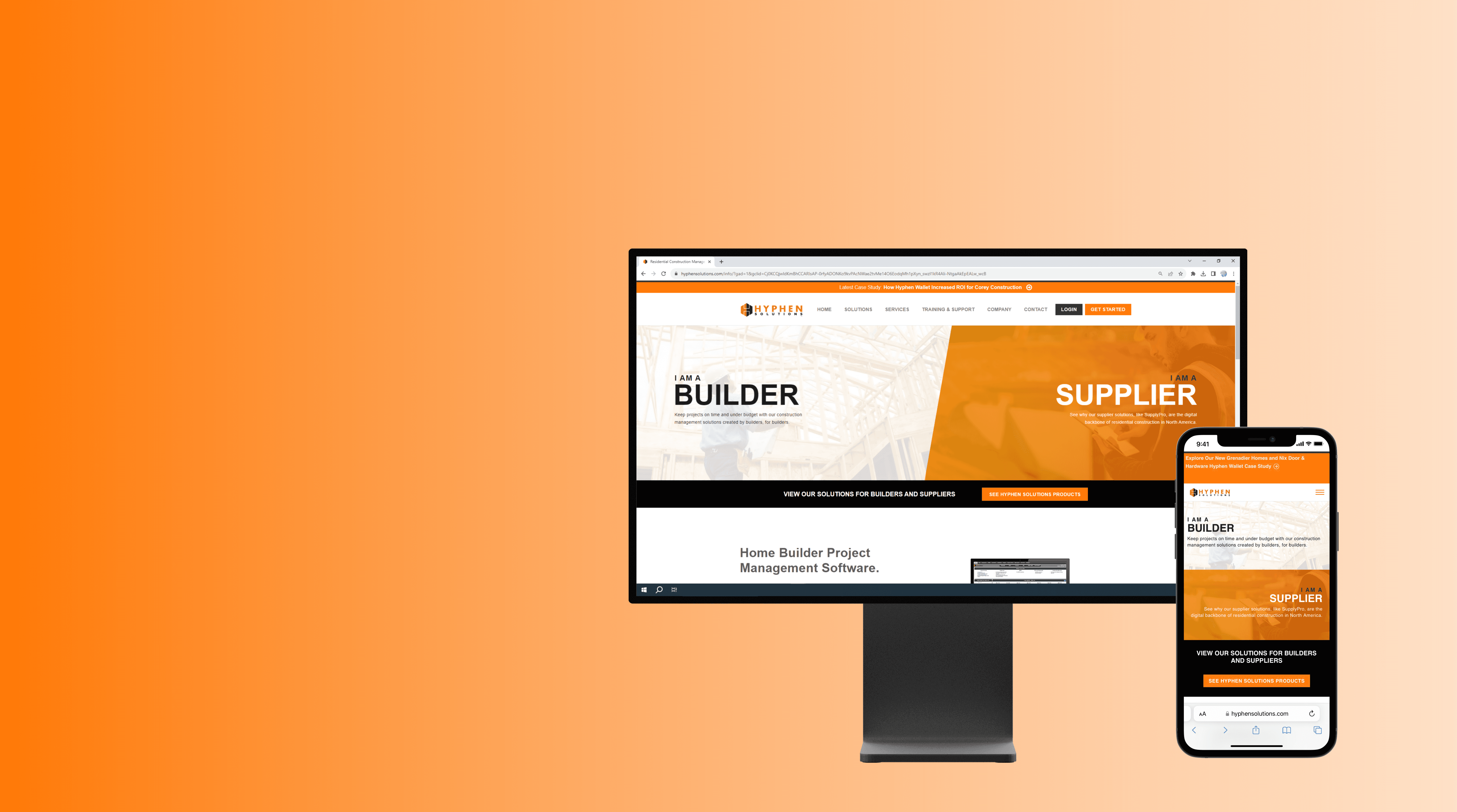 Orange gradient backgound with text that reads UX/UI Internship Hyphen Solutions, bridging the gap between builders and suppliers. There are two mockups of the hyphen solutions website homescreen, one being a desktop screen and the other being a iphone screen