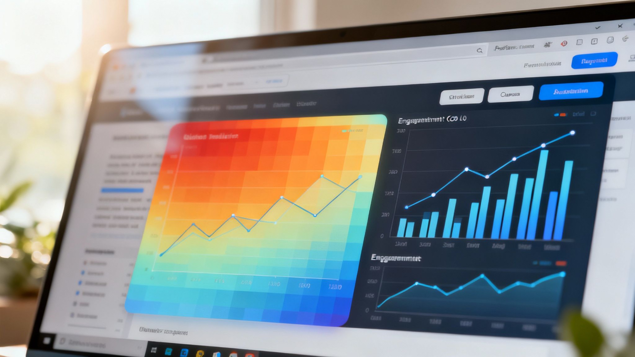 A person pointing at a laptop screen showing website analytics and lead data.