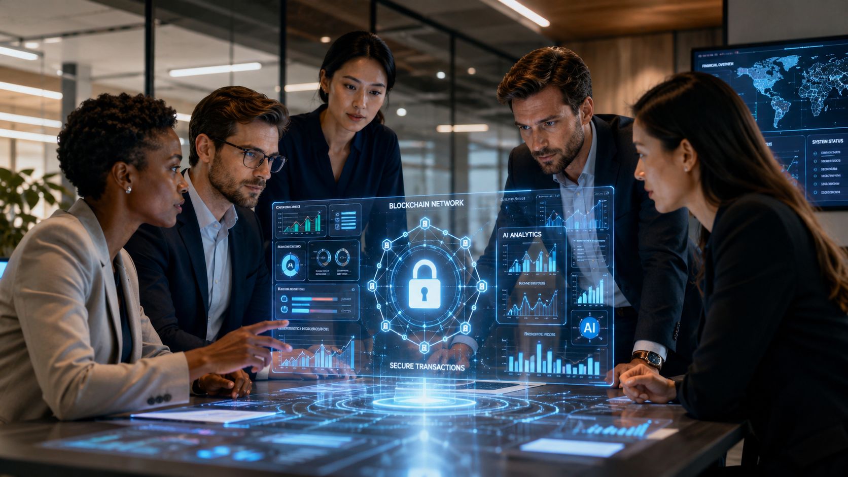 A professional team collaborating around a digital table analyzing blockchain network and AI analytics data visualizations.
