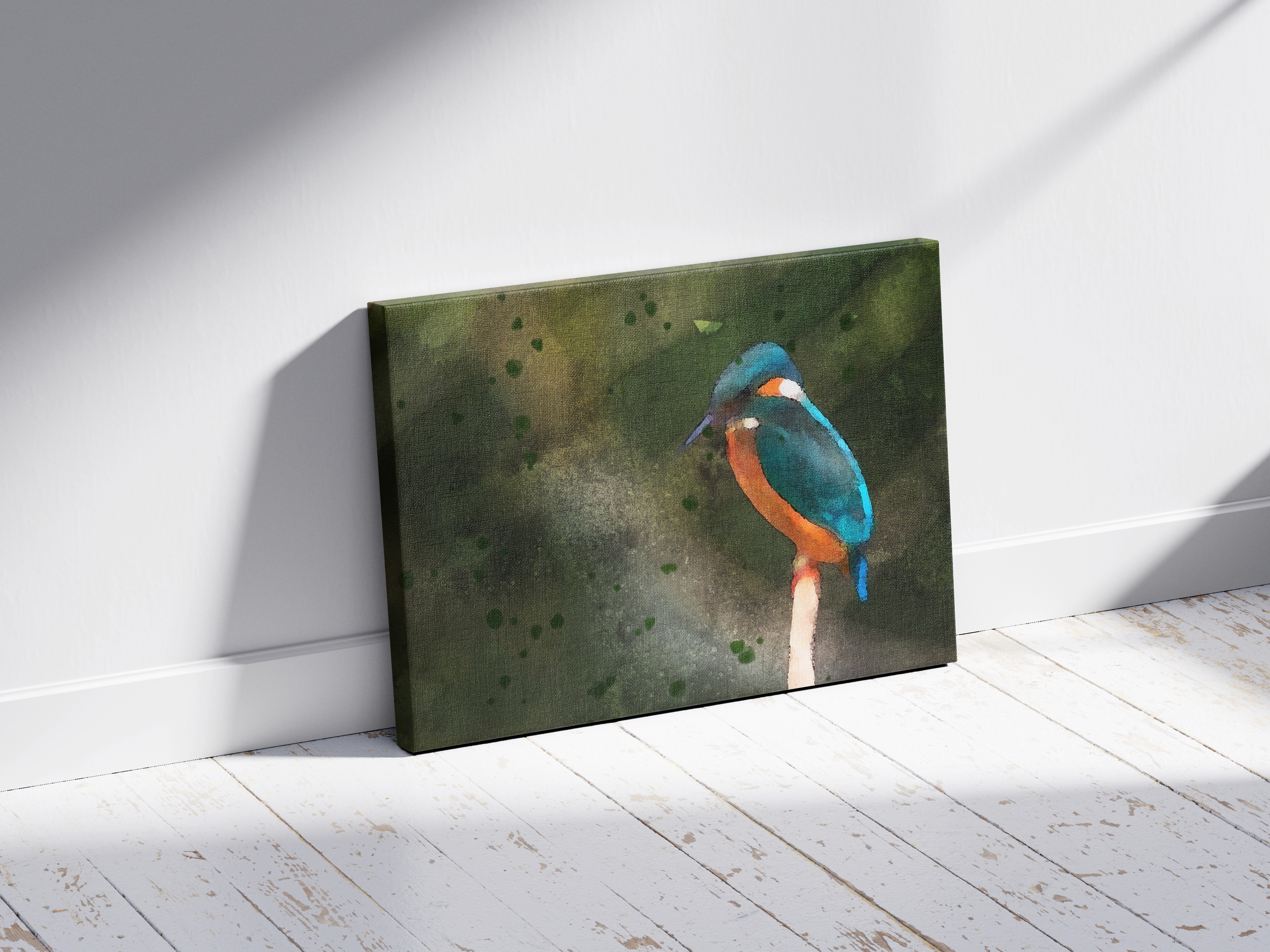 Canvas print mockup of an illustrated kingfisher perched against a dark green background, leaning against a wall