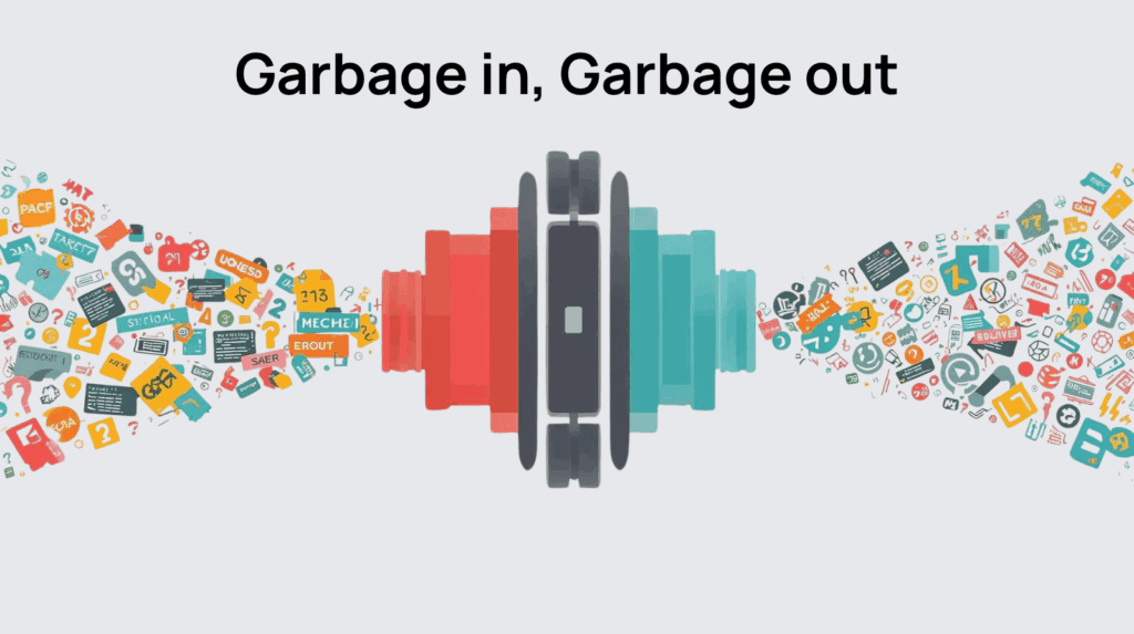 Illustration with the headline ‘Garbage in, Garbage out.’ A stream of messy icons and symbols enters a machine on the left in red and exits on the right in blue, still messy. The image conveys that poor-quality inputs — like shallow conversion data — lead to poor-quality results, highlighting the importance of feeding smarter data into automation systems.