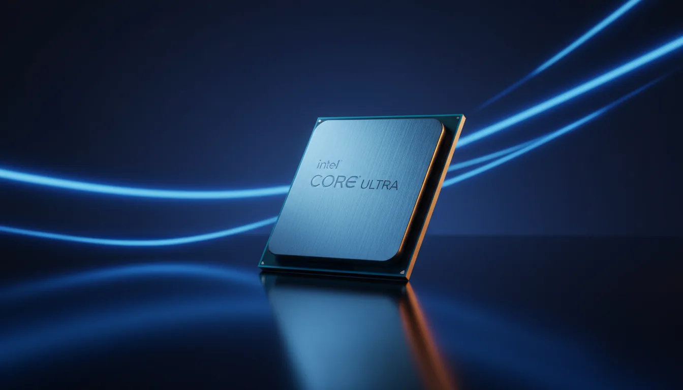 DSLR macro product shot of a modern Intel Core Ultra CPU processor with a brushed metal finish, angled gracefully over a dark, glossy, reflective surface. The scene is defined by dramatic, soft studio lighting with a strong blue key light creating a deep blue gradient background with luminous streaks. Cinematic contrast highlights the processor's clean edges and metallic sheen.