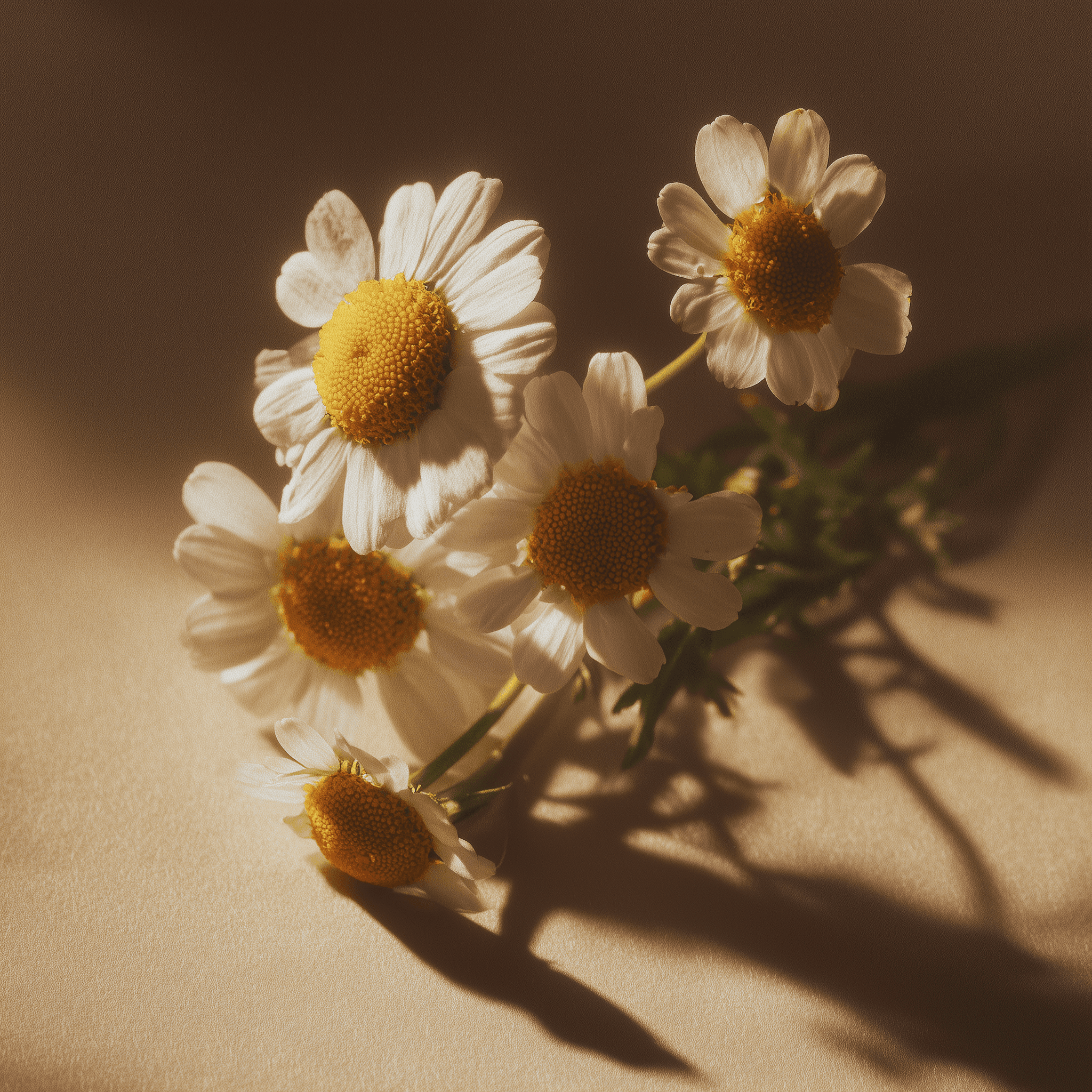 High-end editorial macro photograph of fresh chamomile flowers with soft white petals and yellow centers