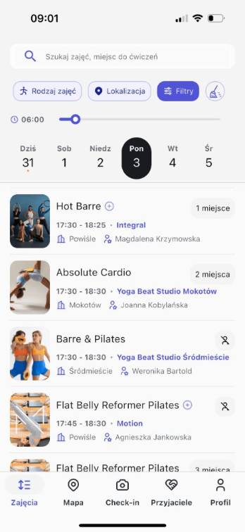 Search view of mobile app with Yogabeat activities.