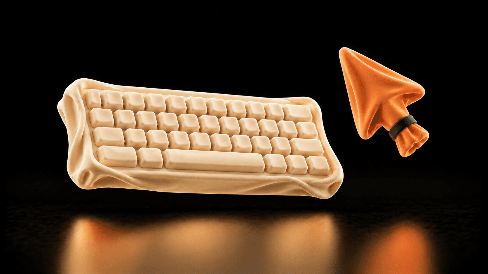 A cream cloth keyboard beside a separate apricot arrow pointer
