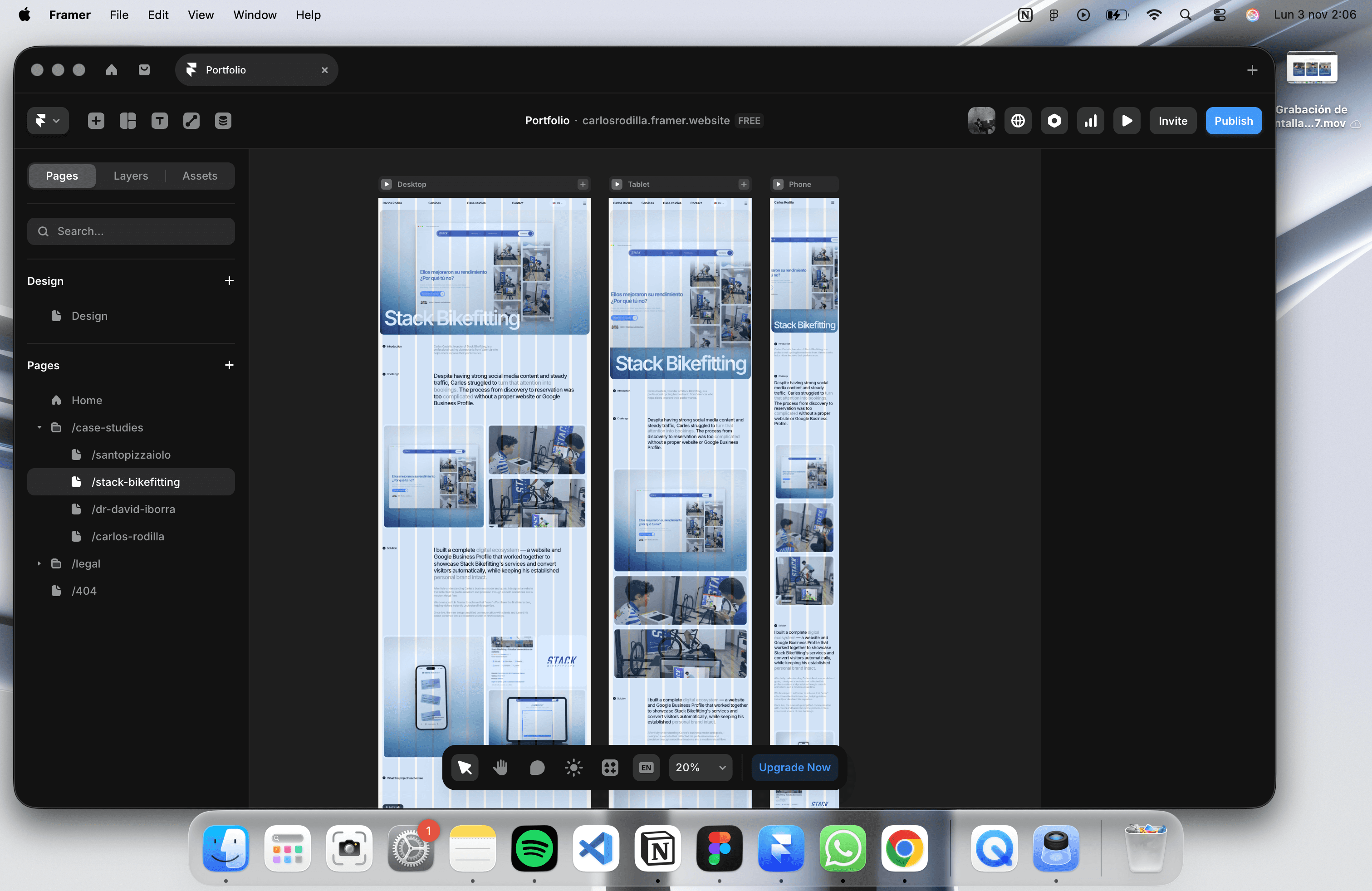 Framer interface of Carlos Rodilla's portfolio website
