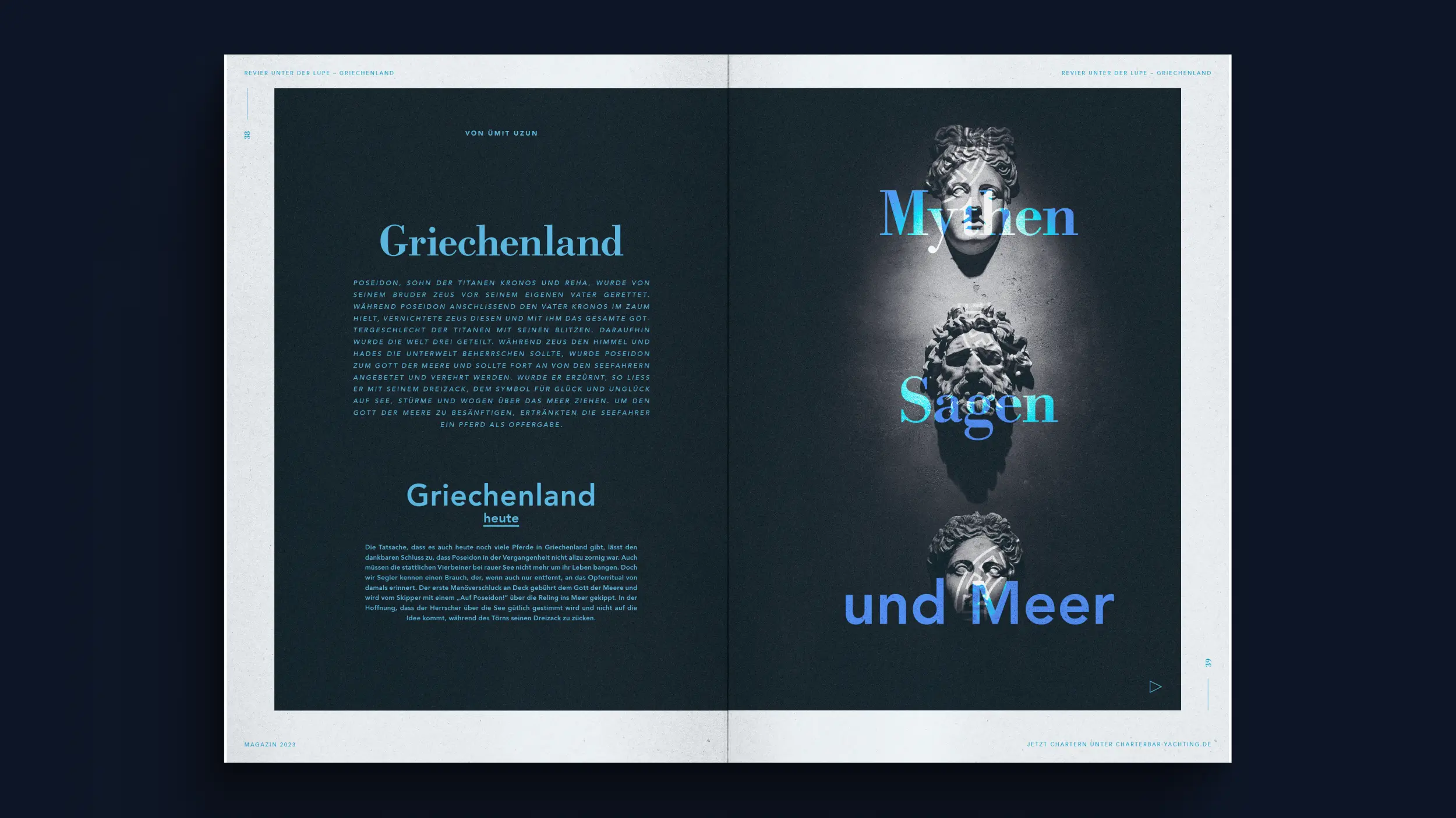 Magazin-Doppelseite Griechenland mit antiken Büsten und Schrift „Mythen Sagen und Meer“, Footer charterbar-yachting.de.