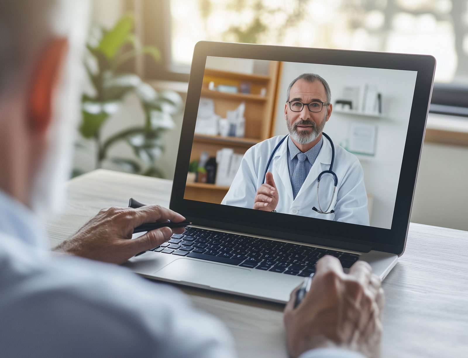 A senior man participating in a telemedicine session on a laptop, with a doctor in a white coat and stethoscope providing consultation through video call in a well-lit medical office.