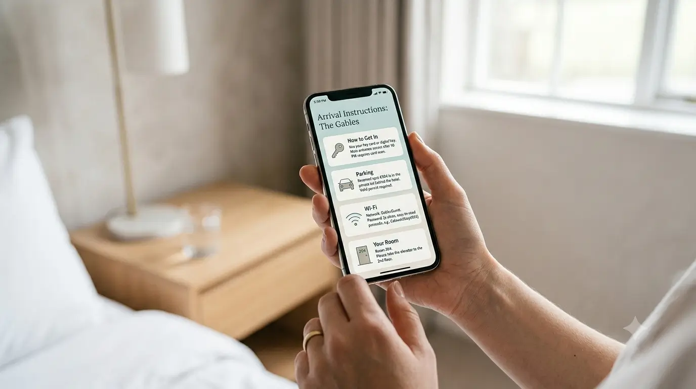 Smartphone showing a hotel arrival guide with entry instructions, parking, wifi, and room details