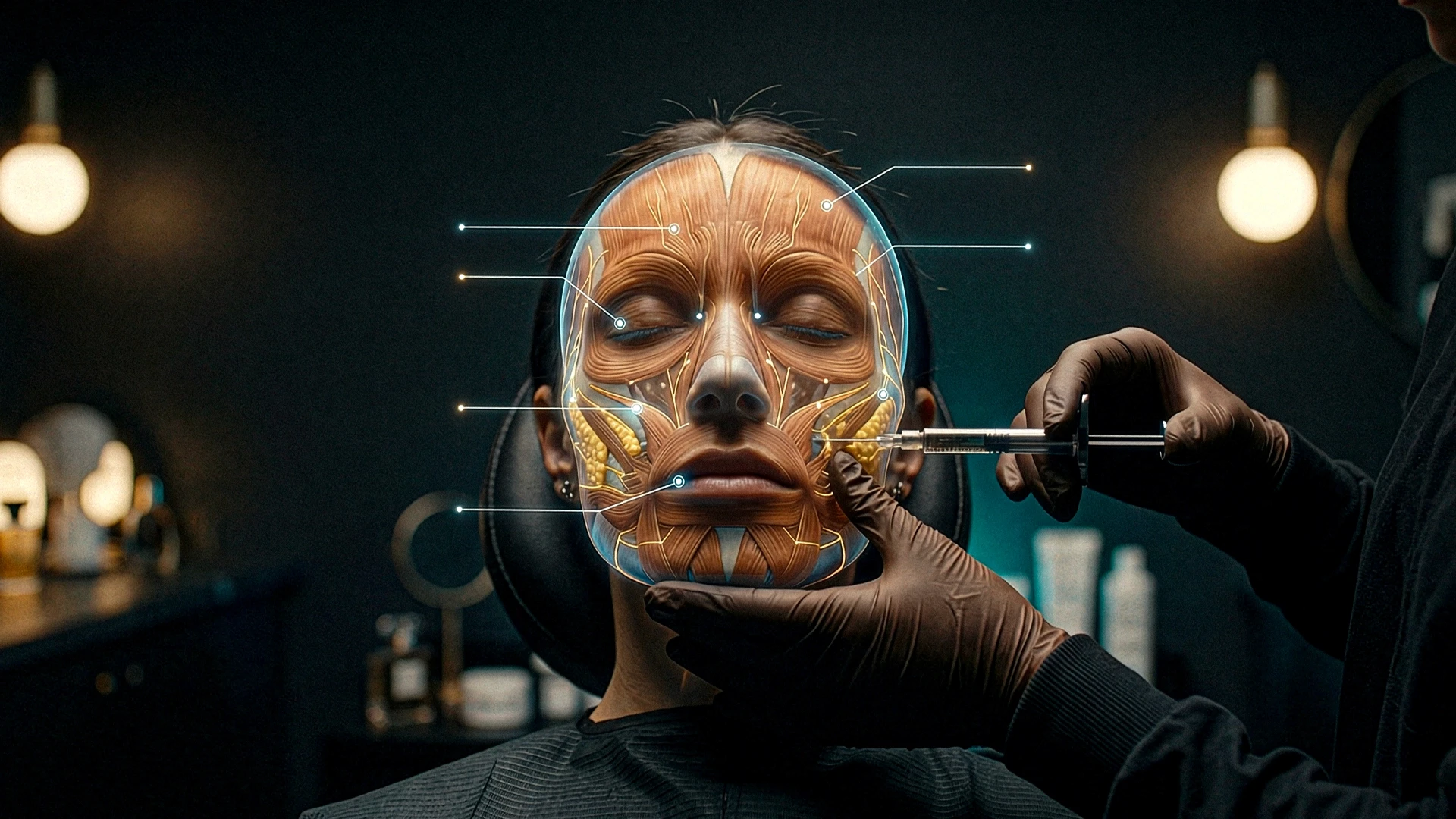 Procedimento de harmonização facial com aplicação de preenchedor, mostrando anatomia dos músculos da face em sobreposição digital, destacando pontos de injeção e estrutura facial em clínica estética com iluminação cinematográfica