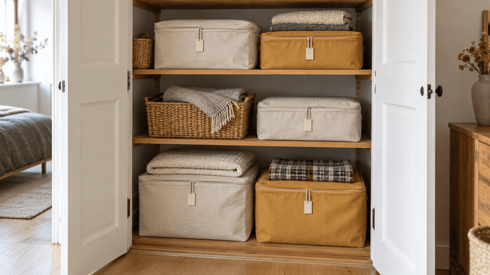 Boîtes textiles et paniers de linge saisonnier sur les étagères accessibles d’un placard, avec de petites étiquettes vierges.