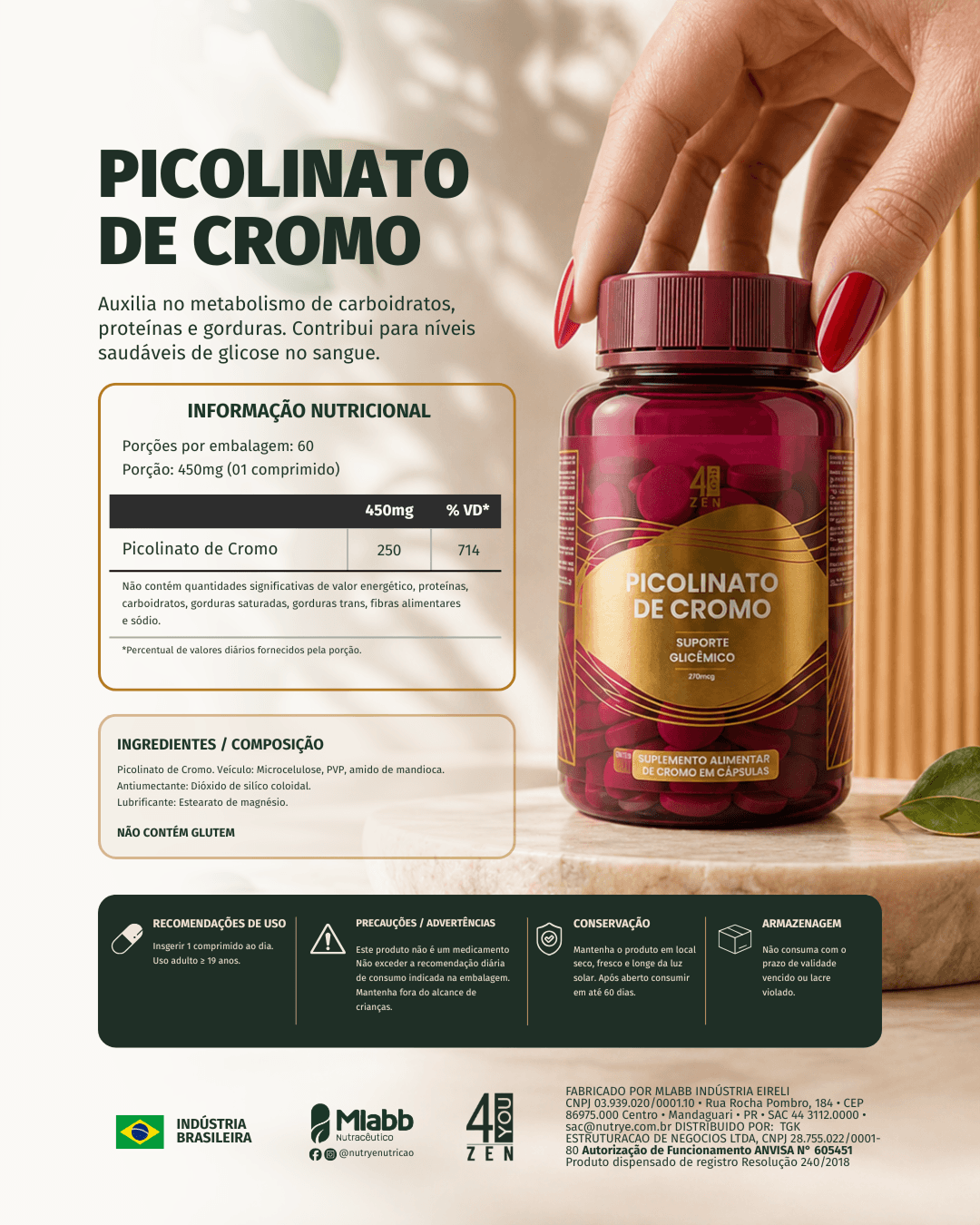 Kit 4you zen picolinato de cromo, blend triplo magnesio e formula fit