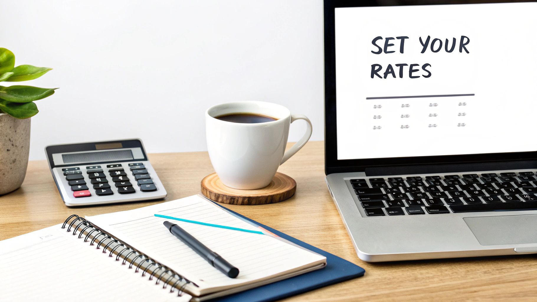 A desk with a laptop displaying 'SET YOUR RATES', a calculator, coffee cup, and notebook.