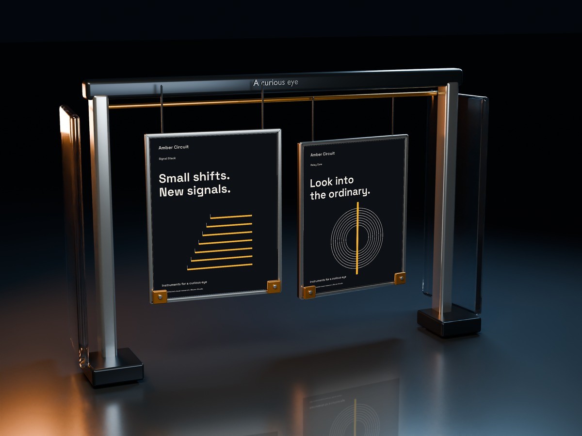 Gallery Rail, an original transparent and silver display environment with layered hanging artwork