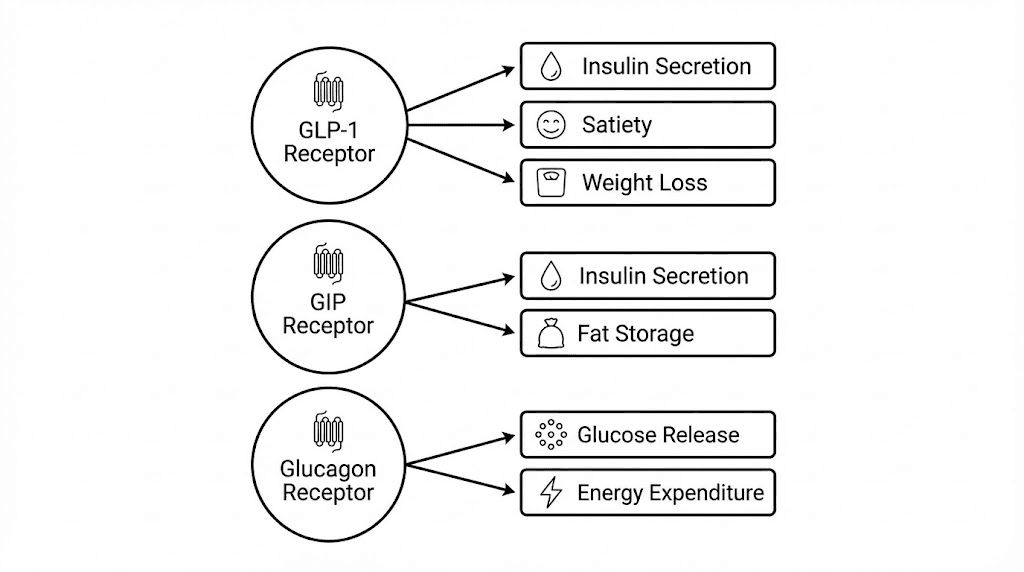 Retatrutide triple agonist mechanism showing GLP-1 GIP and glucagon receptor activation