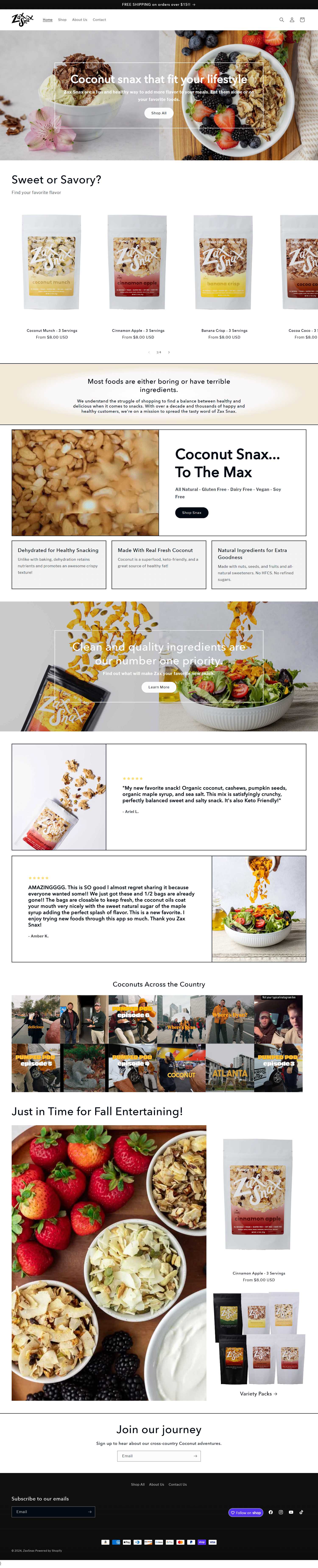 new ZaxSnax clean layout Shopify site