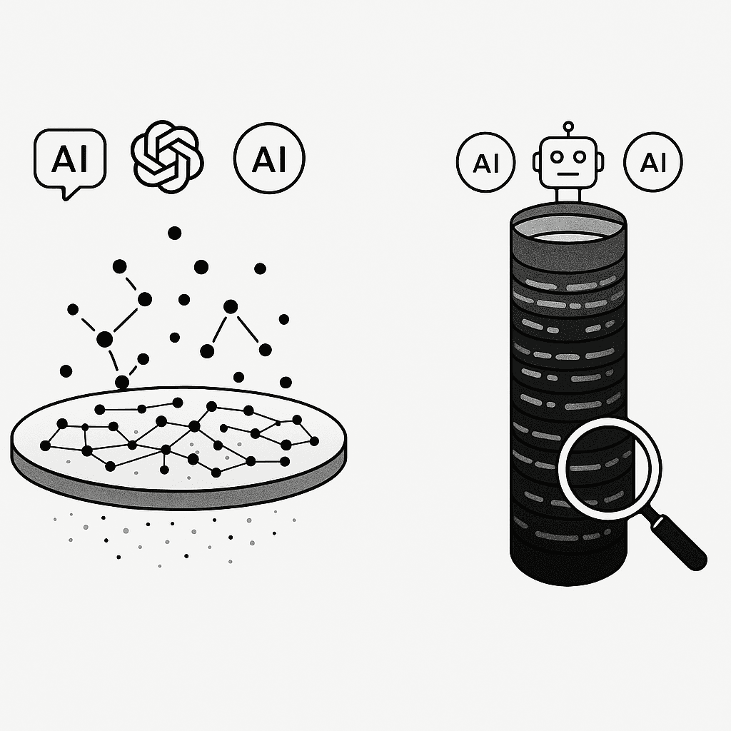 Split-screen concept showing broad shallow analytics versus deep granular AI visibility simulation