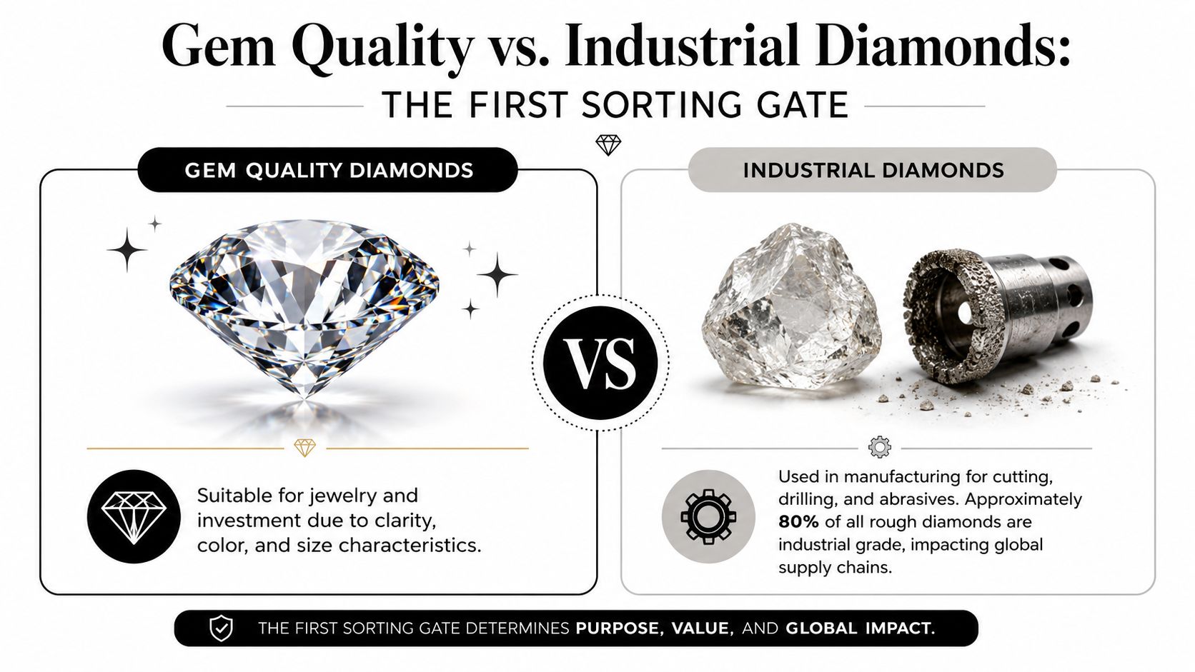 A diagram comparing high-quality diamonds for jewelry with industrial grade diamonds used in manufacturing applications.