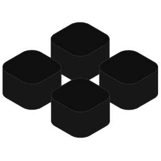 Four cubes, each topped with a black square, displayed in a structured layout.