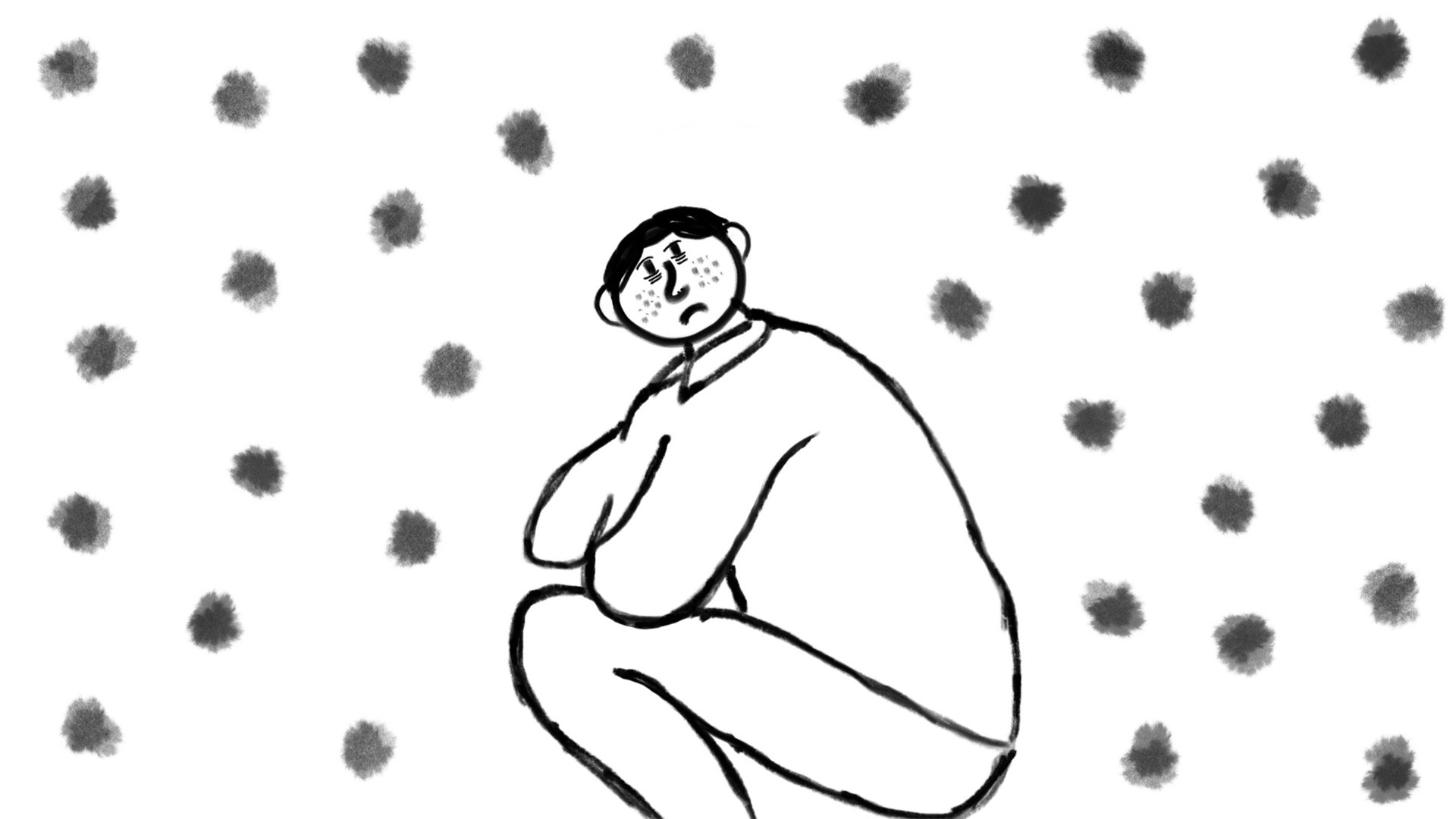 A black and white line drawing depicts a person crouched down, head bowed and eyes squinted, against a white background with scattered black ink blotches. The figure wears a long-sleeved shirt and pants.