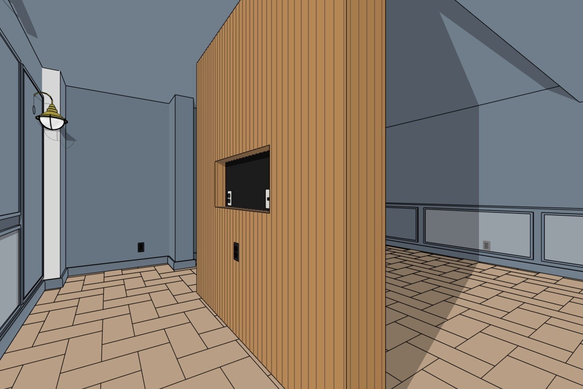 Crestmont basement 3D design view: office side of the slatted wall with a built-in screen niche