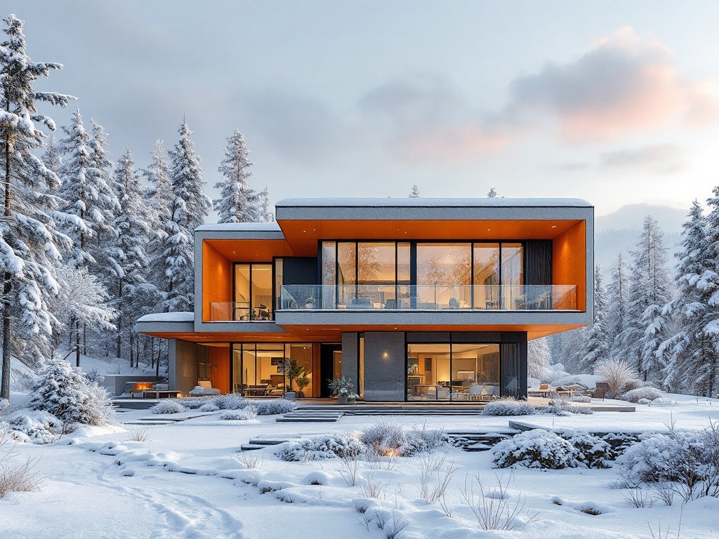 A modern house covered in snow