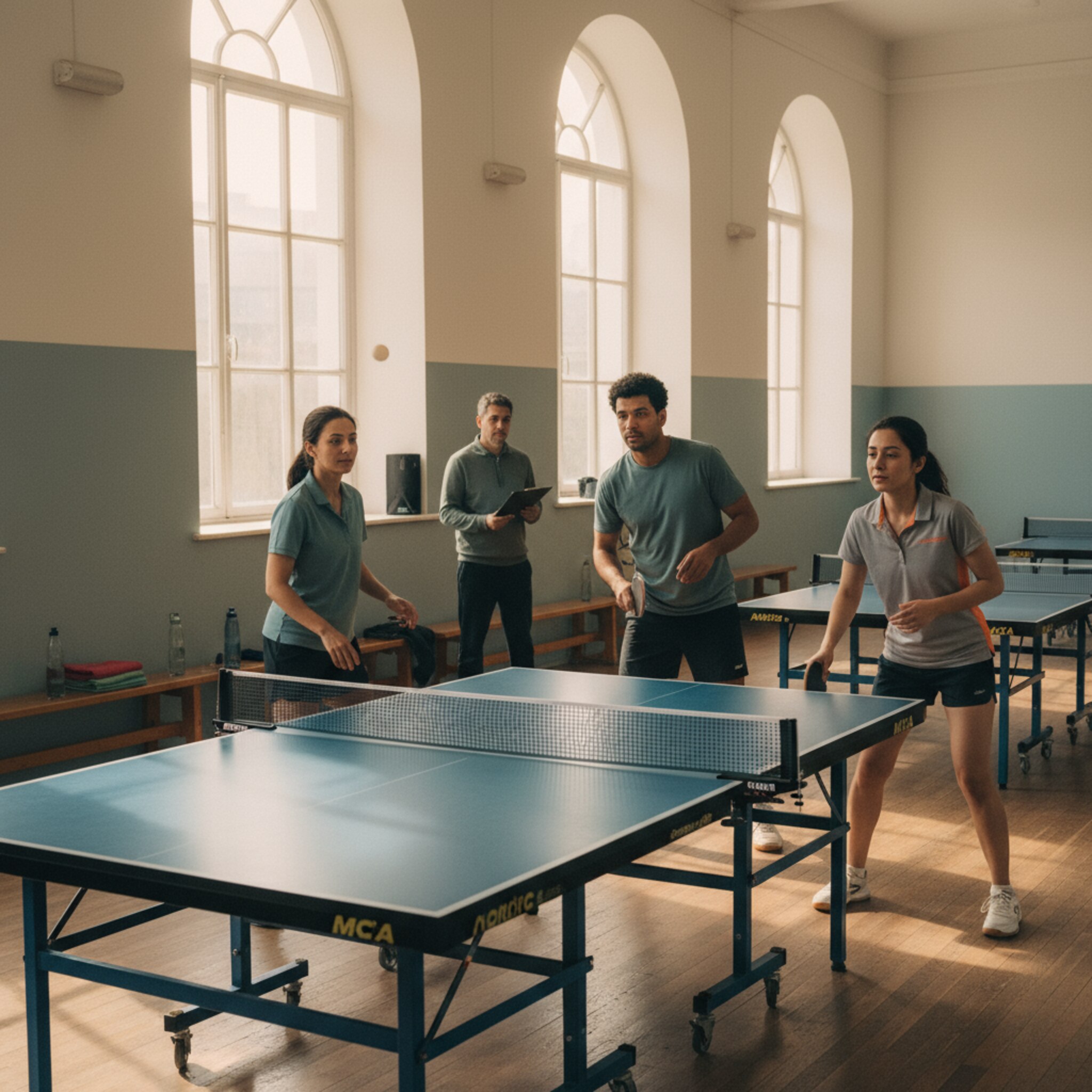 Warmes Licht fällt auf eine Reihe blaugrüner Tischtennisplatten, ein Ball schwebt knapp über dem Netz. Zwei Spieler liefern sich einen schnellen Austausch mit konzentrierter Körperhaltung. Ein Trainer beobachtet aufmerksam aus der Ecke. Wasserflaschen glänzen am Rand, der Holzboden spiegelt dezent. Die Halle wirkt geordnet und energiegeladen.
