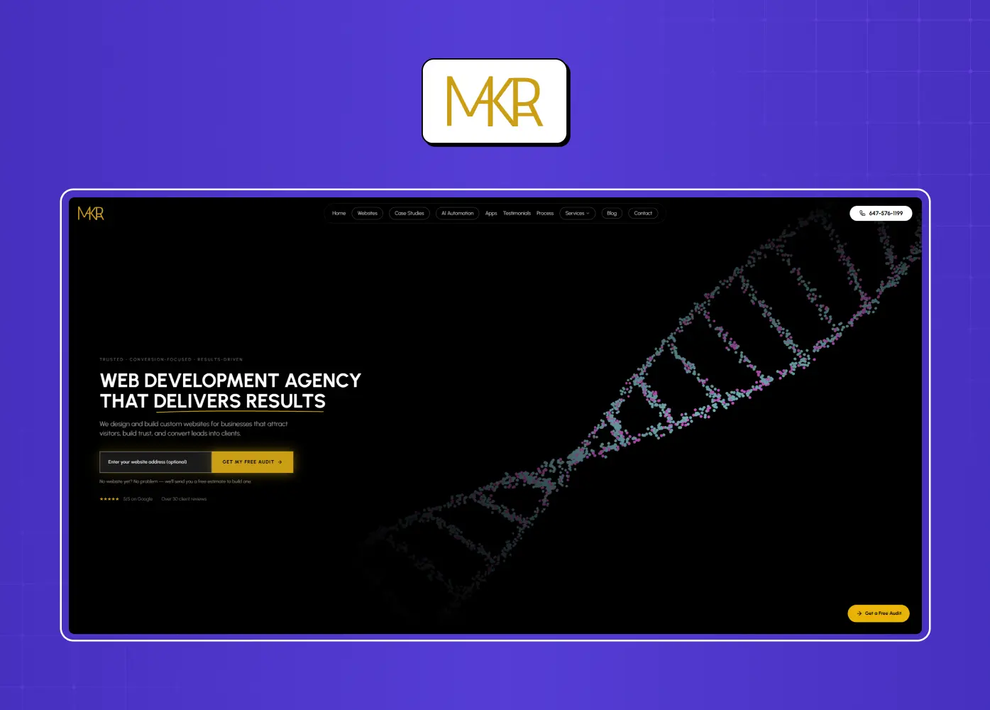 Dark-themed agency homepage with a DNA-inspired visual, highlighting web development services through bold typography and high-contrast design.