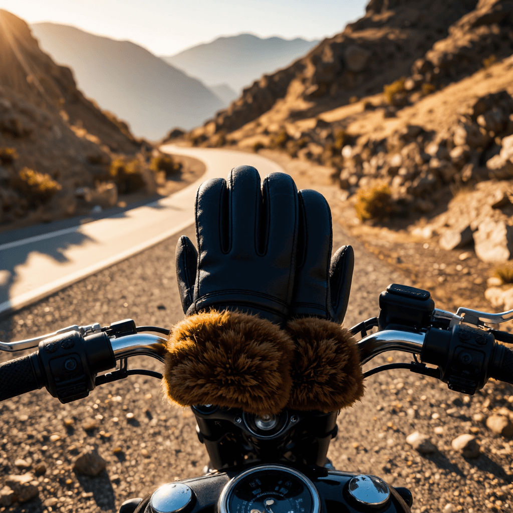 product photography of a pair of motorcycle handlebar mitts designed for warmth