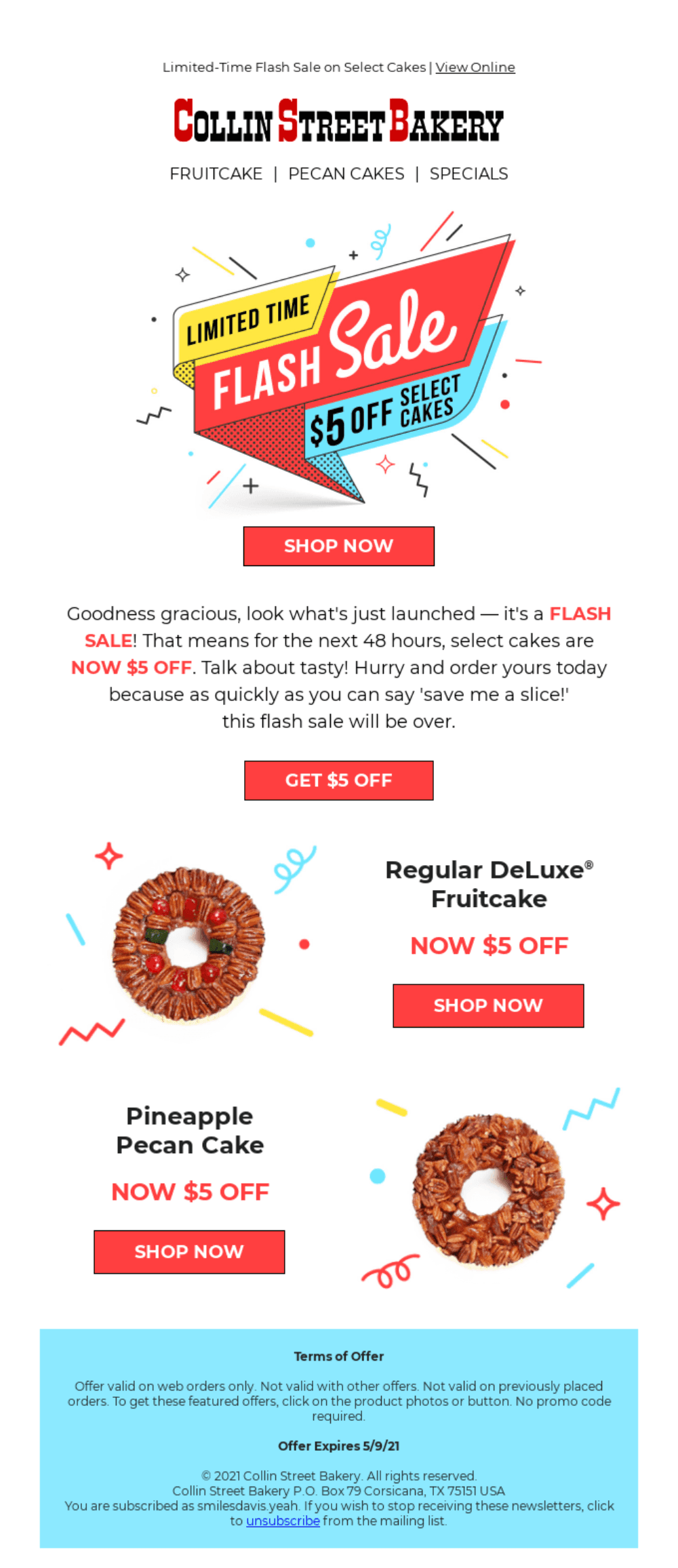 Promotional email from Collin Street Bakery advertising a flash sale with $5 off select cakes. Features colorful graphics, images of cakes, and a bold call-to-action button reading 'Shop Now.' Terms of the offer are outlined at the bottom