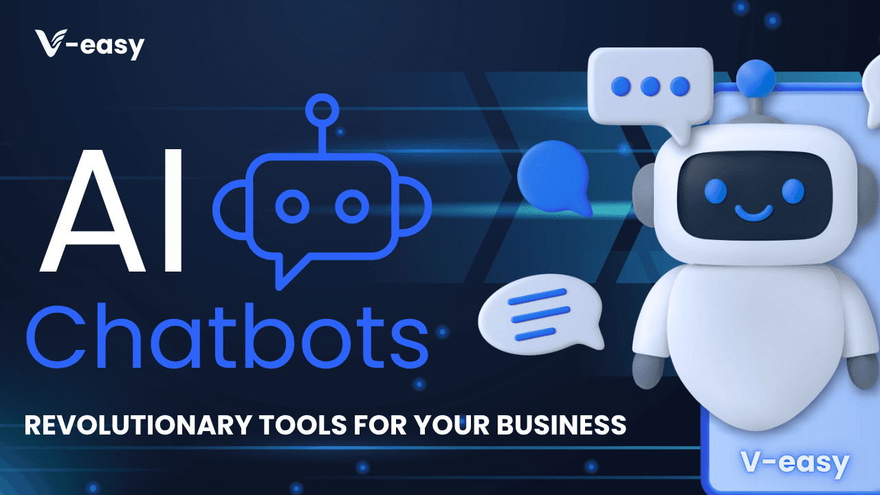 V-easy AI chatbots graphic with friendly robot illustration and business messaging text