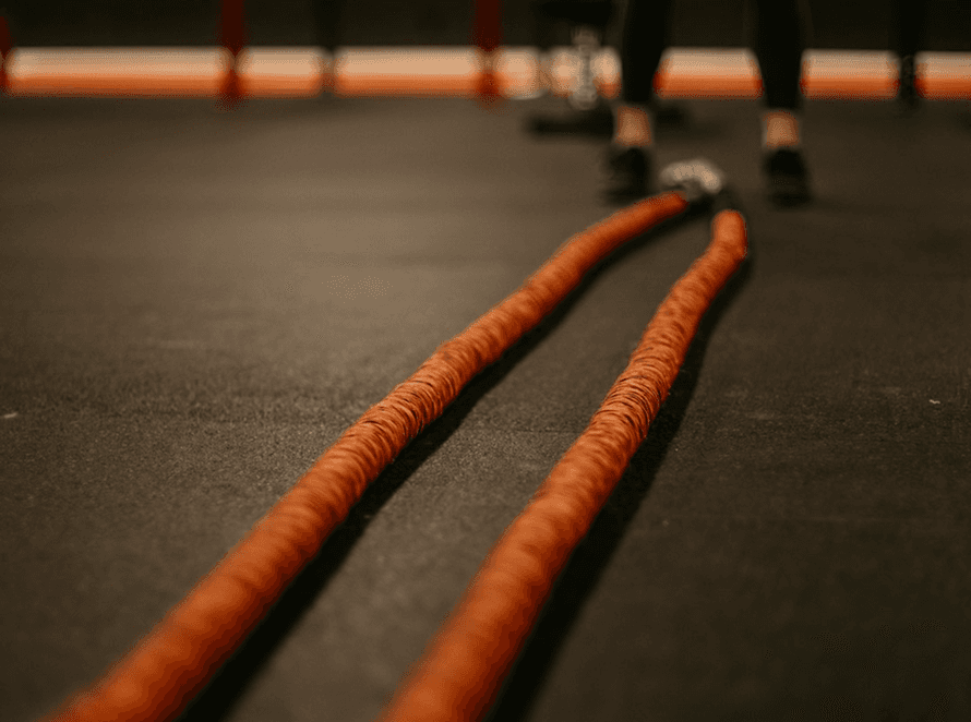 Close-up of heavy training ropes on a gym floor focusing on metabolic conditioning.