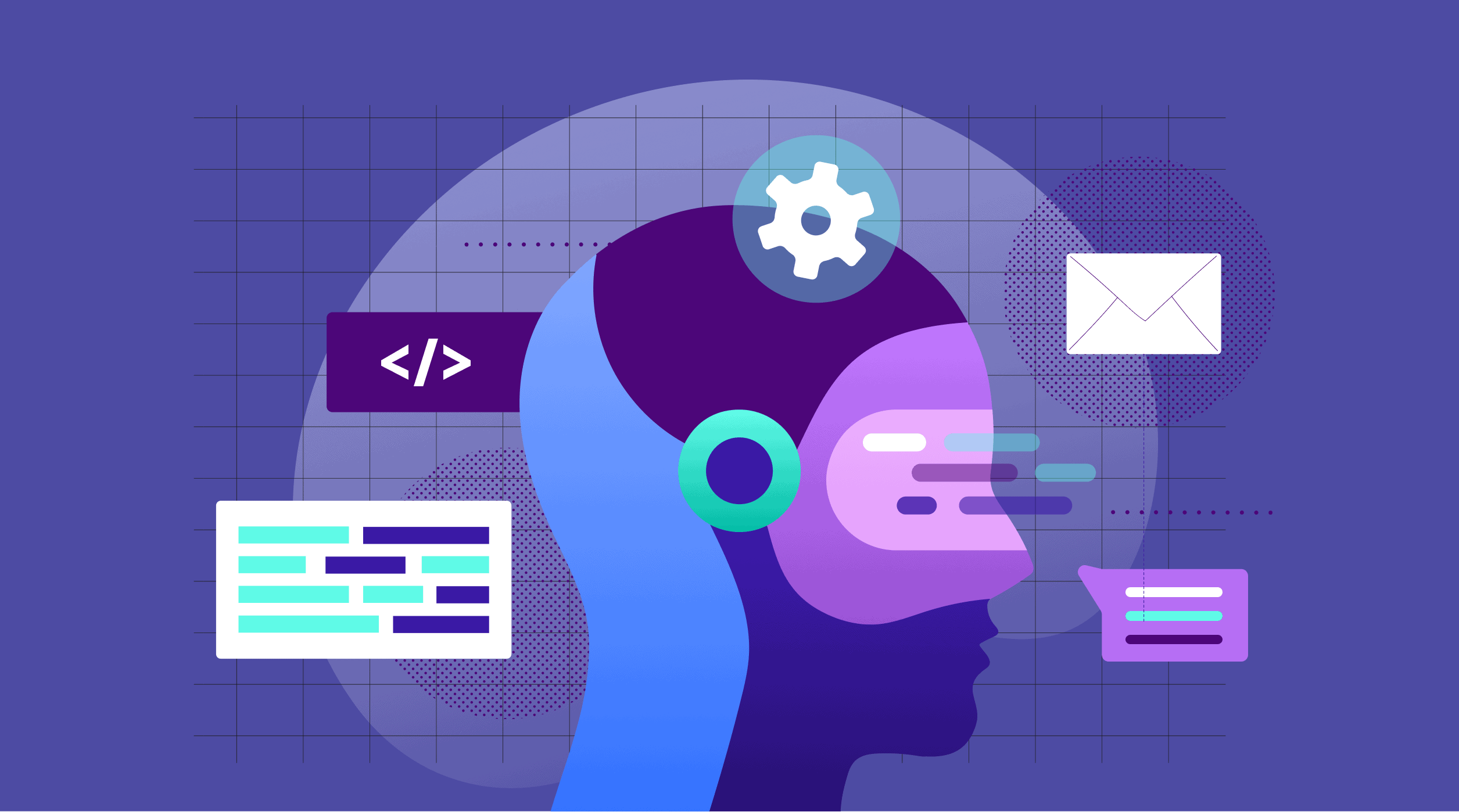 A human head with communication media hovering around it.