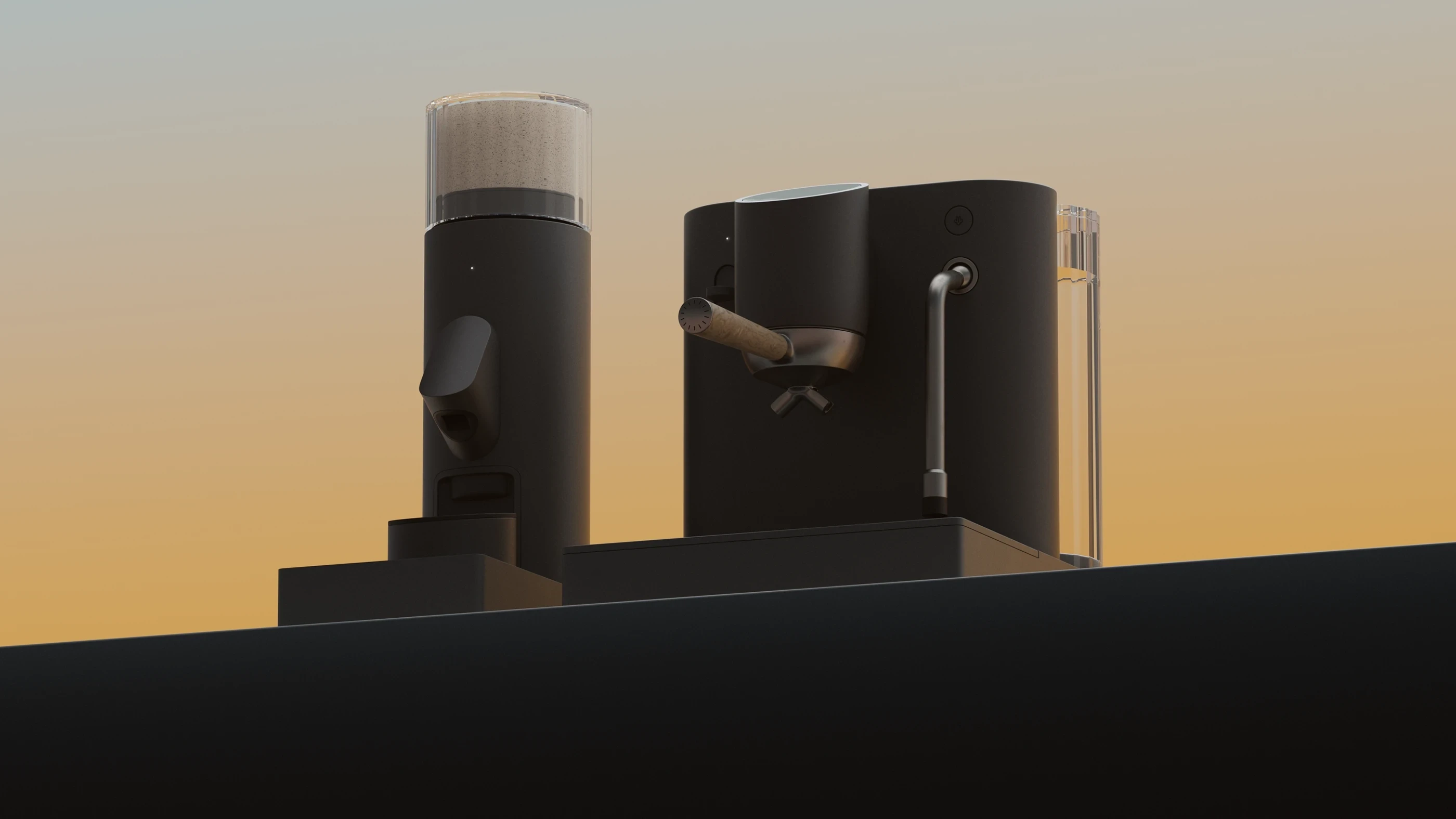 Modern black espresso machine and grinder set against a warm gradient background. Sleek design, minimalist style, evoking a sense of sophistication.