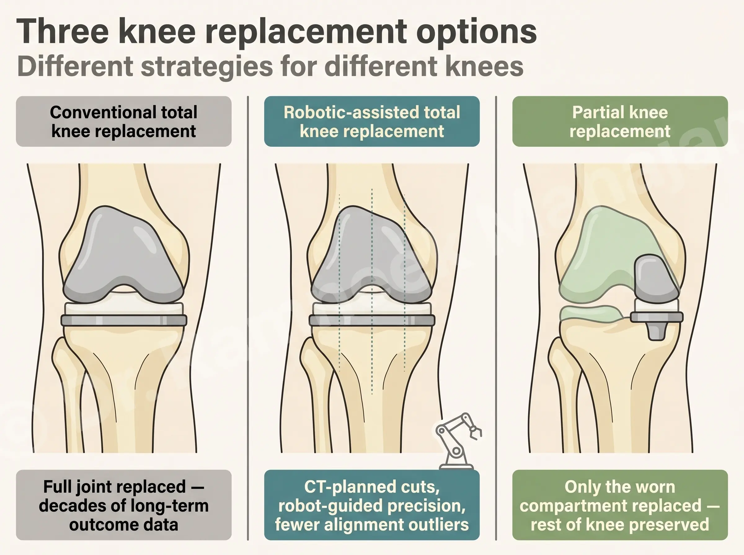 Three parallel knee replacement options - conventional, robotic-assisted, and partial - each right for a different knee.